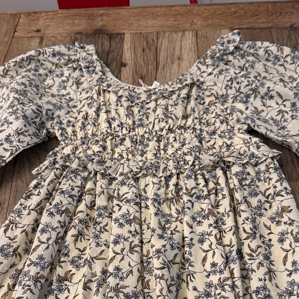 Girls Cream Floral Smocked Dress with Blue Print - Picture 2 of 3